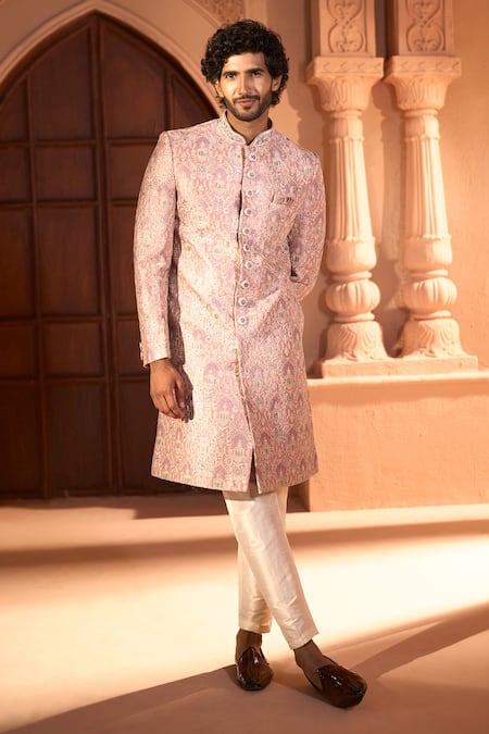 Shop_Arihant Rai Sinha_Pink Silk, Dupion Embroidery, Metallic Thread, Mughal Floral Sherwani Set _Online_at_Aza_Fashions