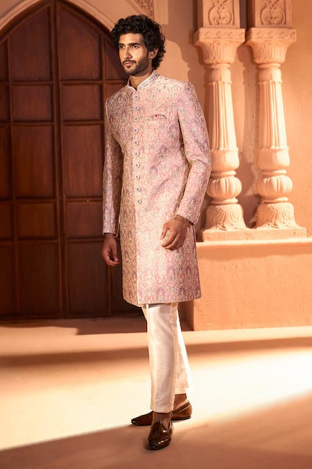 Arihant Rai Sinha_Pink Silk, Dupion Embroidery, Metallic Thread, Mughal Floral Sherwani Set _at_Aza_Fashions