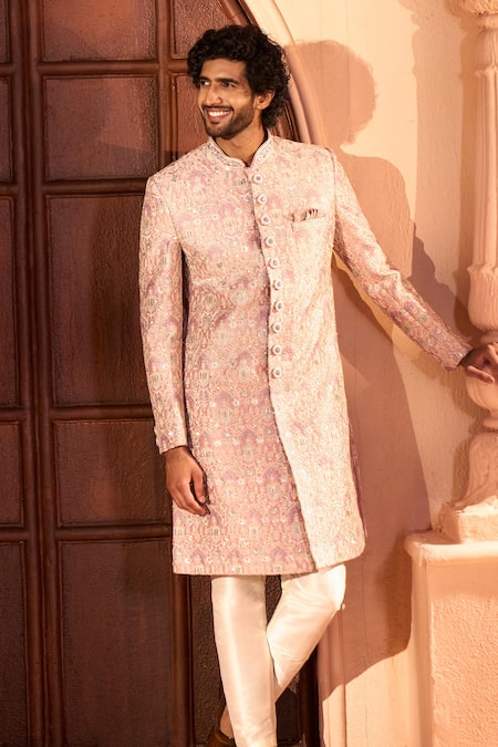 Shop_Arihant Rai Sinha_Pink Silk, Dupion Embroidery, Metallic Thread, Mughal Floral Sherwani Set 