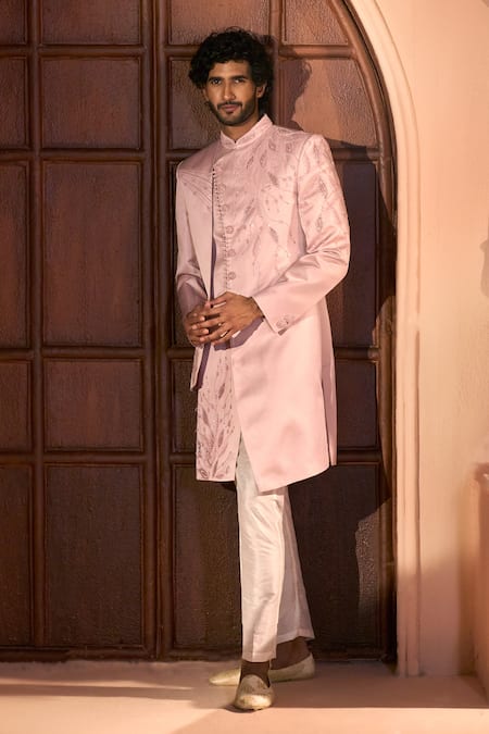 Buy_Arihant Rai Sinha_Pink Silk, Dupion Embroidery, Beads Leaf Vine Layered Sherwani Set _Online_at_Aza_Fashions