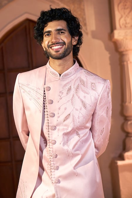 Shop_Arihant Rai Sinha_Pink Silk, Dupion Embroidery, Beads Leaf Vine Layered Sherwani Set _Online_at_Aza_Fashions