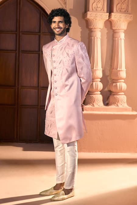 Arihant Rai Sinha_Pink Silk, Dupion Embroidery, Beads Leaf Vine Layered Sherwani Set _at_Aza_Fashions