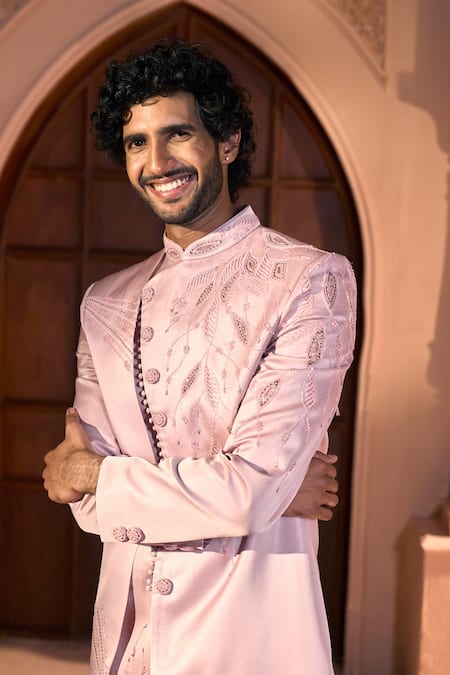Buy_Arihant Rai Sinha_Pink Silk, Dupion Embroidery, Beads Leaf Vine Layered Sherwani Set 