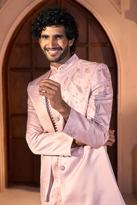 Shop_Arihant Rai Sinha_Pink Silk, Dupion Embroidery, Beads Leaf Vine Layered Sherwani Set 