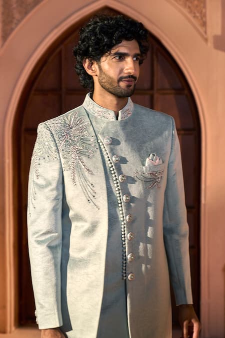 Arihant Rai Sinha_Green Velvet, Dupion, Silk Embroidery, Sequins, Placed Layered Sherwani Set _at_Aza_Fashions