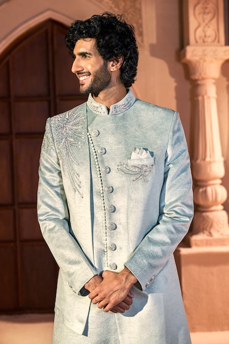Buy_Arihant Rai Sinha_Green Velvet, Dupion, Silk Embroidery, Sequins, Placed Layered Sherwani Set 
