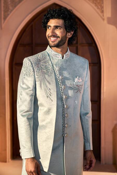 Shop_Arihant Rai Sinha_Green Velvet, Dupion, Silk Embroidery, Sequins, Placed Layered Sherwani Set 