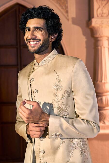 Shop_Arihant Rai Sinha_Beige Silk, Dupion Embroidery, Beads, Sequins Placed Layered Sherwani Set _Online_at_Aza_Fashions