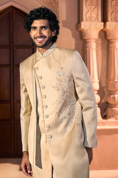 Buy_Arihant Rai Sinha_Beige Silk, Dupion Embroidery, Beads, Sequins Placed Layered Sherwani Set 