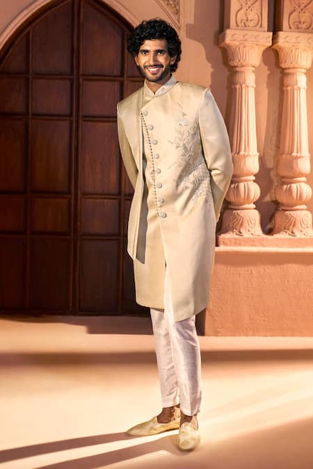 Shop_Arihant Rai Sinha_Beige Silk, Dupion Embroidery, Beads, Sequins Placed Layered Sherwani Set 