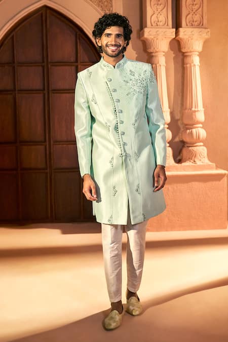 Buy_Arihant Rai Sinha_Green Silk, Dupion Embroidery, Stones Scattered Floral Sherwani Set _Online_at_Aza_Fashions