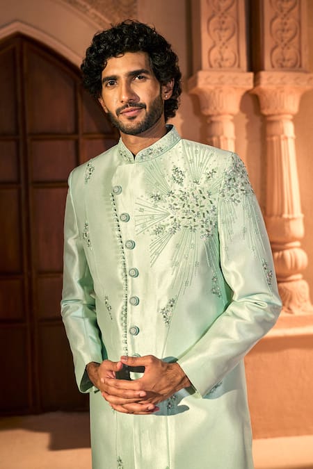 Arihant Rai Sinha_Green Silk, Dupion Embroidery, Stones Scattered Floral Sherwani Set _at_Aza_Fashions