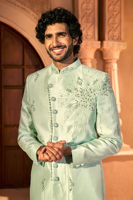 Buy_Arihant Rai Sinha_Green Silk, Dupion Embroidery, Stones Scattered Floral Sherwani Set 