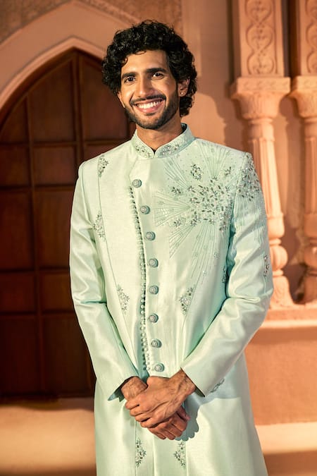 Shop_Arihant Rai Sinha_Green Silk, Dupion Embroidery, Stones Scattered Floral Sherwani Set 