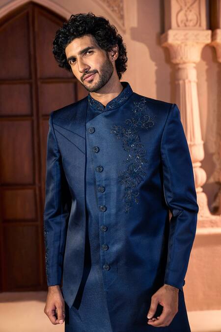 Shop_Arihant Rai Sinha_Navy Silk, Dupion Embroidery Placed Layered Sherwani Set _Online_at_Aza_Fashions