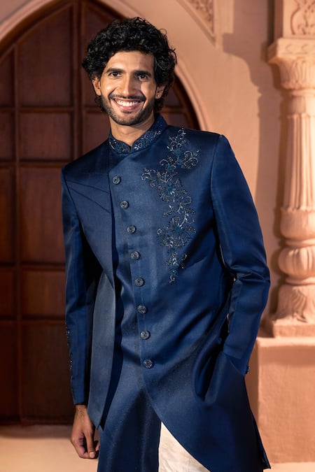 Arihant Rai Sinha_Navy Silk, Dupion Embroidery Placed Layered Sherwani Set _at_Aza_Fashions