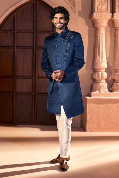 Buy_Arihant Rai Sinha_Navy Silk, Dupion Embroidery Placed Layered Sherwani Set 