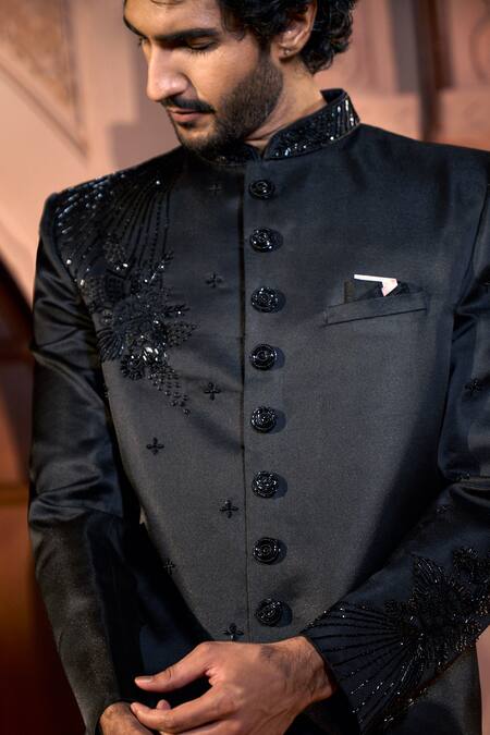Buy_Arihant Rai Sinha_Black Silk, Dupion Beads, Sequins, Embroidery Sherwani Set 