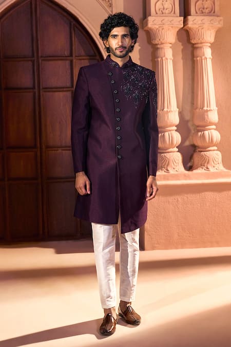 Shop_Arihant Rai Sinha_Wine Silk, Dupion Embroidery Front Sherwani Set _Online_at_Aza_Fashions