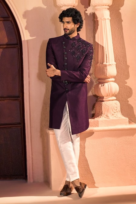 Arihant Rai Sinha_Wine Silk, Dupion Embroidery Front Sherwani Set _at_Aza_Fashions