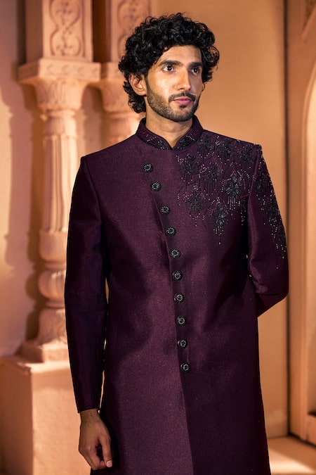 Buy_Arihant Rai Sinha_Wine Silk, Dupion Embroidery Front Sherwani Set 