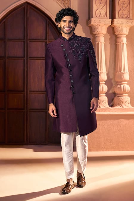 Shop_Arihant Rai Sinha_Wine Silk, Dupion Embroidery Front Sherwani Set 