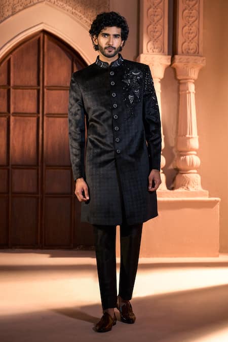 Shop Arihant Rai Sinha Black Velvet, Dupion, Silk Embroidery Sherwani Set Online at Aza Fashions Shop_Arihant Rai Sinha_Black Velvet, Dupion, Silk Embroidery Sherwani Set _Online_at_Aza_Fashions