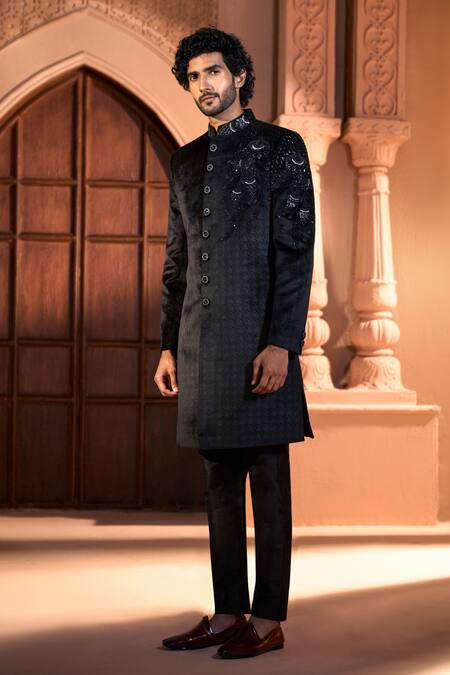 Arihant Rai Sinha Black Velvet, Dupion, Silk Embroidery Sherwani Set at Aza Fashions Arihant Rai Sinha_Black Velvet, Dupion, Silk Embroidery Sherwani Set _at_Aza_Fashions