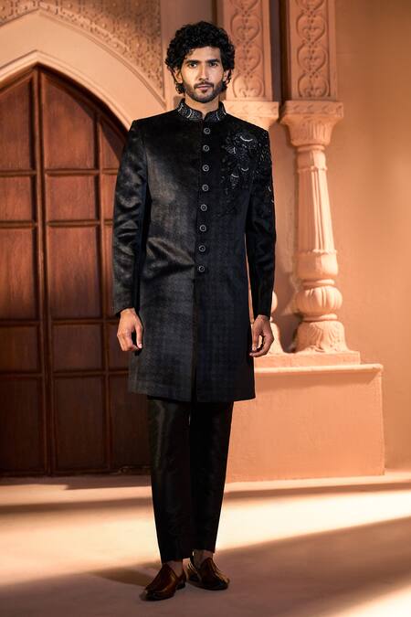 Buy Arihant Rai Sinha Black Velvet, Dupion, Silk Embroidery Sherwani Set Buy_Arihant Rai Sinha_Black Velvet, Dupion, Silk Embroidery Sherwani Set
