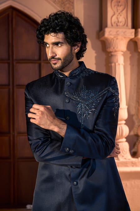 Shop_Arihant Rai Sinha_Navy Silk, Dupion Embroidery, Beads Placed Sherwani Set _Online_at_Aza_Fashions