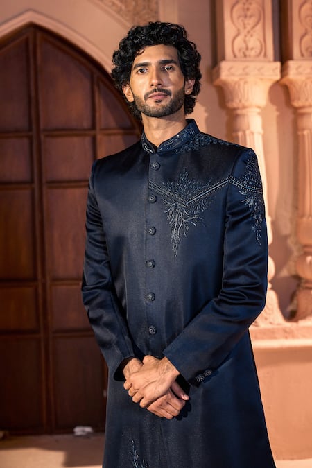 Arihant Rai Sinha_Navy Silk, Dupion Embroidery, Beads Placed Sherwani Set _at_Aza_Fashions
