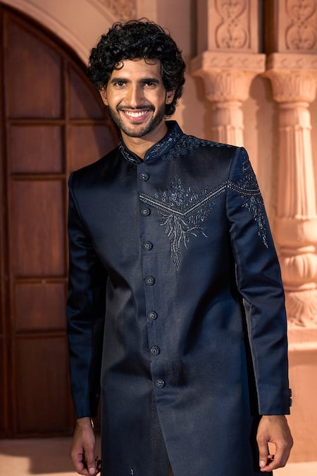 Buy_Arihant Rai Sinha_Navy Silk, Dupion Embroidery, Beads Placed Sherwani Set 