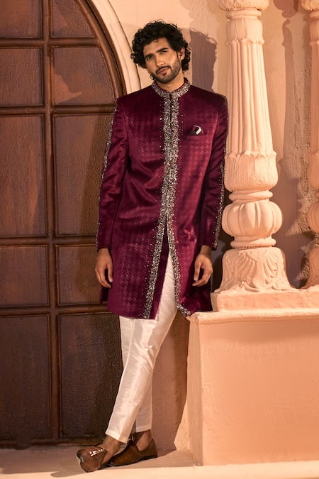 Buy Arihant Rai Sinha Wine Velvet, Dupion, Silk Embroidery Sherwani And Pant Set Online at Aza Fashions Buy_Arihant Rai Sinha_Wine Velvet, Dupion, Silk Embroidery Sherwani And Pant Set _Online_at_Aza_Fashions