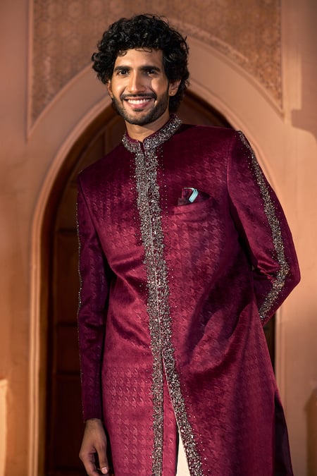 Arihant Rai Sinha Wine Velvet, Dupion, Silk Embroidery Sherwani And Pant Set at Aza Fashions Arihant Rai Sinha_Wine Velvet, Dupion, Silk Embroidery Sherwani And Pant Set _at_Aza_Fashions