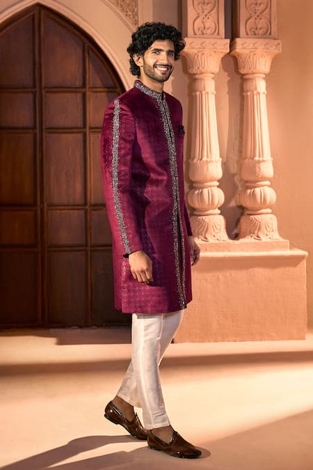 Buy Arihant Rai Sinha Wine Velvet, Dupion, Silk Embroidery Sherwani And Pant Set Buy_Arihant Rai Sinha_Wine Velvet, Dupion, Silk Embroidery Sherwani And Pant Set
