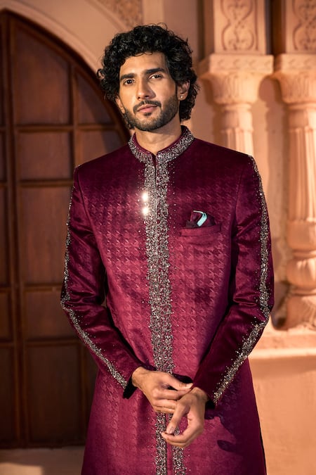 Shop Arihant Rai Sinha Wine Velvet, Dupion, Silk Embroidery Sherwani And Pant Set Shop_Arihant Rai Sinha_Wine Velvet, Dupion, Silk Embroidery Sherwani And Pant Set