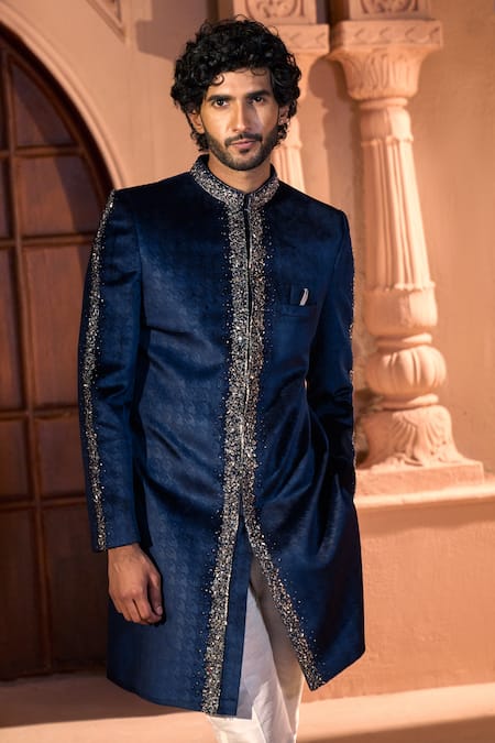 Shop Arihant Rai Sinha Navy Velvet, Dupion, Silk Embroidery, Metallic Thread, Sherwani And Pant Set Online at Aza Fashions Shop_Arihant Rai Sinha_Navy Velvet, Dupion, Silk Embroidery, Metallic Thread, Sherwani And Pant Set _Online_at_Aza_Fashions