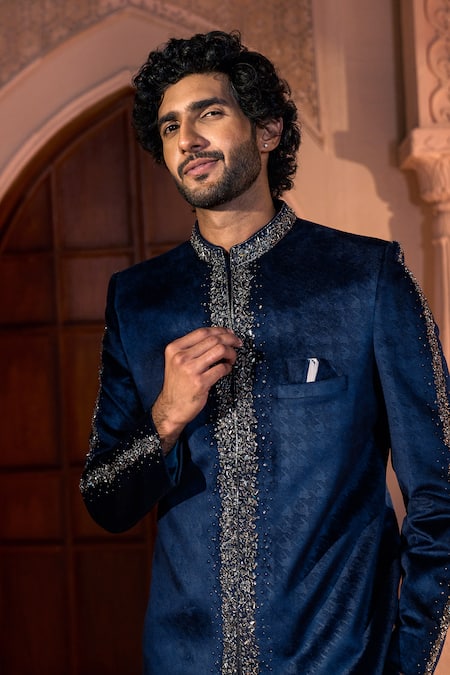 Buy Arihant Rai Sinha Navy Velvet, Dupion, Silk Embroidery, Metallic Thread, Sherwani And Pant Set Buy_Arihant Rai Sinha_Navy Velvet, Dupion, Silk Embroidery, Metallic Thread, Sherwani And Pant Set