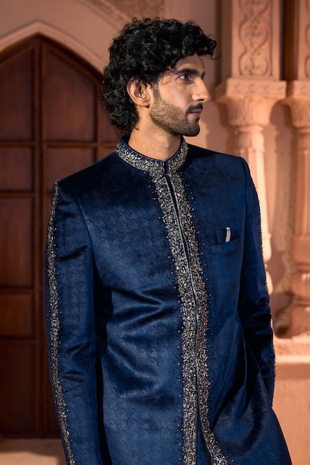 Shop Arihant Rai Sinha Navy Velvet, Dupion, Silk Embroidery, Metallic Thread, Sherwani And Pant Set Shop_Arihant Rai Sinha_Navy Velvet, Dupion, Silk Embroidery, Metallic Thread, Sherwani And Pant Set