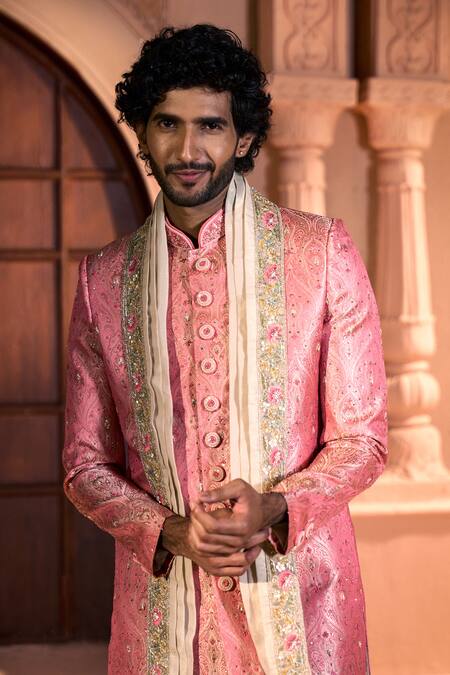 Buy Arihant Rai Sinha Pink Jacquard, Silk, Dupion Embroidery, Metallic Pure Banarasi Sherwani Set Online at Aza Fashions Buy_Arihant Rai Sinha_Pink Jacquard, Silk, Dupion Embroidery, Metallic Pure Banarasi Sherwani Set _Online_at_Aza_Fashions