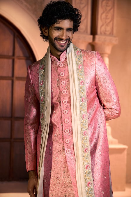 Shop Arihant Rai Sinha Pink Jacquard, Silk, Dupion Embroidery, Metallic Pure Banarasi Sherwani Set Online at Aza Fashions Shop_Arihant Rai Sinha_Pink Jacquard, Silk, Dupion Embroidery, Metallic Pure Banarasi Sherwani Set _Online_at_Aza_Fashions