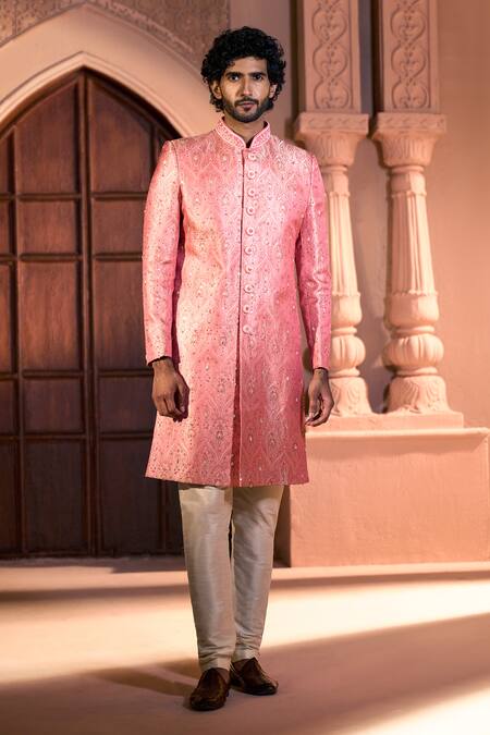 Arihant Rai Sinha Pink Jacquard, Silk, Dupion Embroidery, Metallic Pure Banarasi Sherwani Set at Aza Fashions Arihant Rai Sinha_Pink Jacquard, Silk, Dupion Embroidery, Metallic Pure Banarasi Sherwani Set _at_Aza_Fashions
