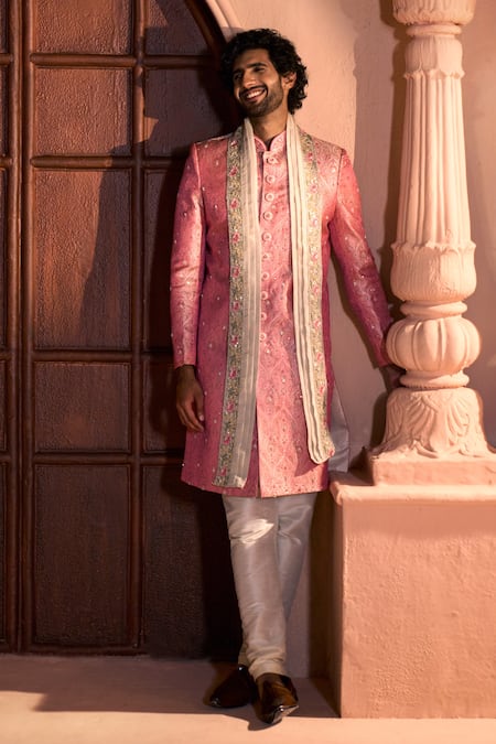 Buy Arihant Rai Sinha Pink Jacquard, Silk, Dupion Embroidery, Metallic Pure Banarasi Sherwani Set Buy_Arihant Rai Sinha_Pink Jacquard, Silk, Dupion Embroidery, Metallic Pure Banarasi Sherwani Set