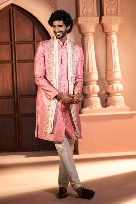 Shop Arihant Rai Sinha Pink Jacquard, Silk, Dupion Embroidery, Metallic Pure Banarasi Sherwani Set Shop_Arihant Rai Sinha_Pink Jacquard, Silk, Dupion Embroidery, Metallic Pure Banarasi Sherwani Set