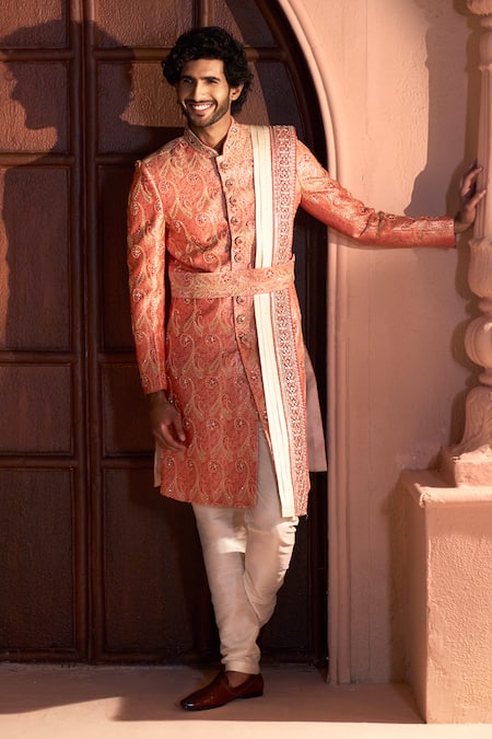 Buy Arihant Rai Sinha Red Jacquard, Silk, Dupion Embroidery, Banarasi Paisley Pattern Sherwani Set Online at Aza Fashions Buy_Arihant Rai Sinha_Red Jacquard, Silk, Dupion Embroidery, Banarasi Paisley Pattern Sherwani Set _Online_at_Aza_Fashions