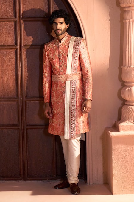 Arihant Rai Sinha Banarasi Jacquard Paisley Pattern Sherwani Set 
