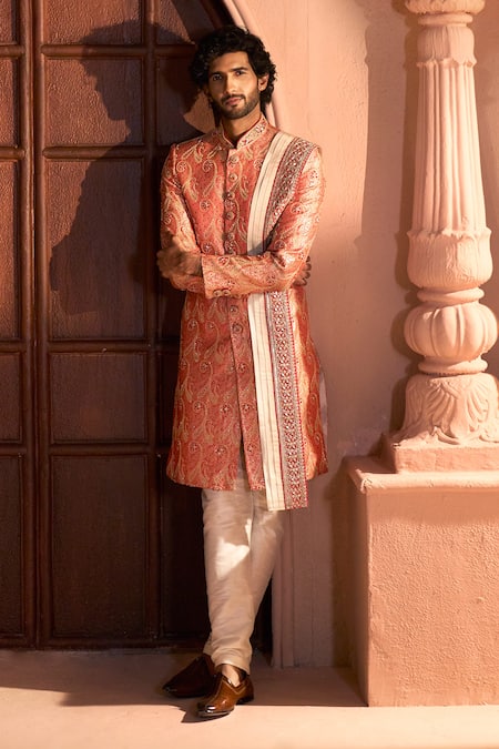 Shop Arihant Rai Sinha Red Jacquard, Silk, Dupion Embroidery, Banarasi Paisley Pattern Sherwani Set Online at Aza Fashions Shop_Arihant Rai Sinha_Red Jacquard, Silk, Dupion Embroidery, Banarasi Paisley Pattern Sherwani Set _Online_at_Aza_Fashions