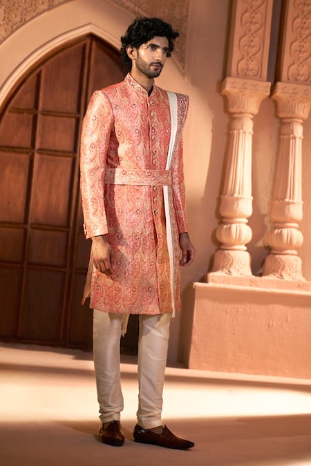 Shop Arihant Rai Sinha Red Jacquard, Silk, Dupion Embroidery, Banarasi Paisley Pattern Sherwani Set Shop_Arihant Rai Sinha_Red Jacquard, Silk, Dupion Embroidery, Banarasi Paisley Pattern Sherwani Set