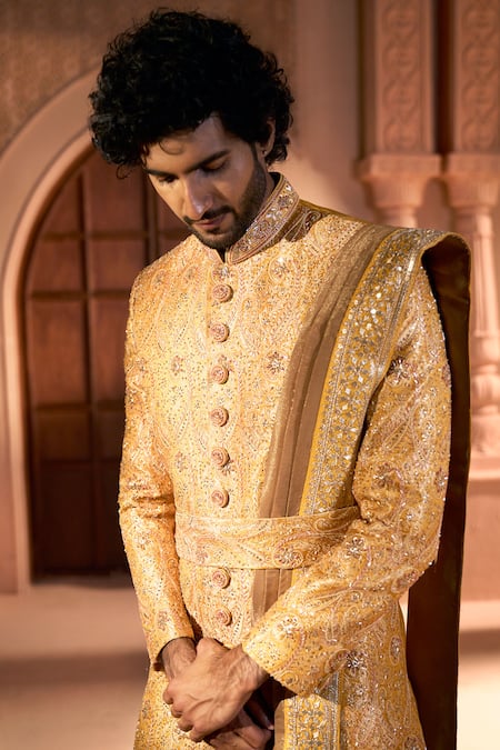 Buy Arihant Rai Sinha Orange Jacquard, Silk, Dupion Embroidery, Paisley Pattern Banarasi Sherwani Set Online at Aza Fashions Buy_Arihant Rai Sinha_Orange Jacquard, Silk, Dupion Embroidery, Paisley Pattern Banarasi Sherwani Set _Online_at_Aza_Fashions