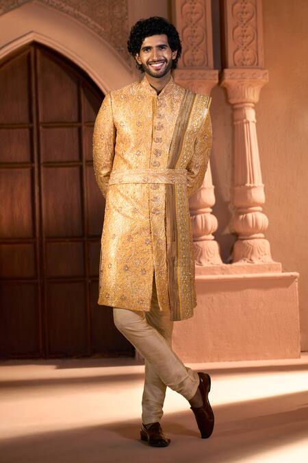 Shop Arihant Rai Sinha Orange Jacquard, Silk, Dupion Embroidery, Paisley Pattern Banarasi Sherwani Set Online at Aza Fashions Shop_Arihant Rai Sinha_Orange Jacquard, Silk, Dupion Embroidery, Paisley Pattern Banarasi Sherwani Set _Online_at_Aza_Fashions
